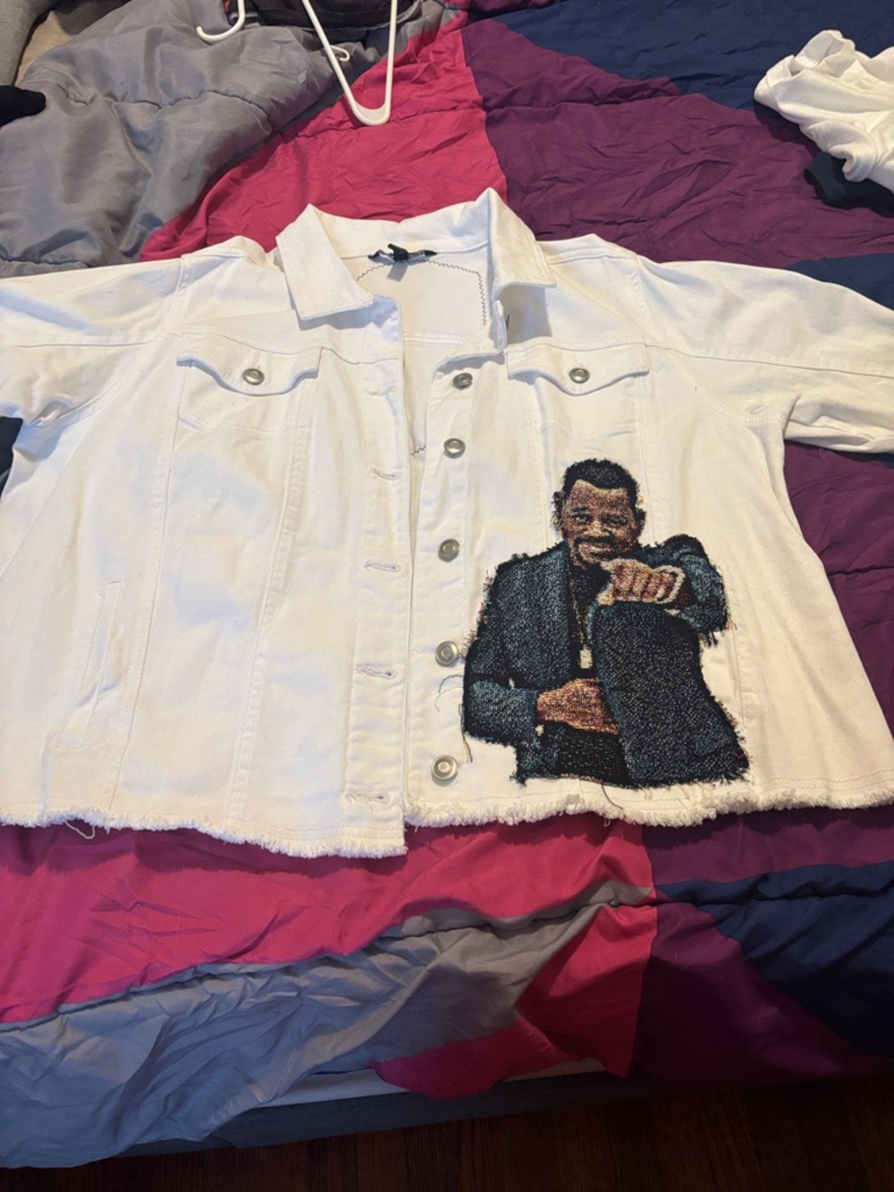 Baccini White Denim Jacket with Embroidered Portrait